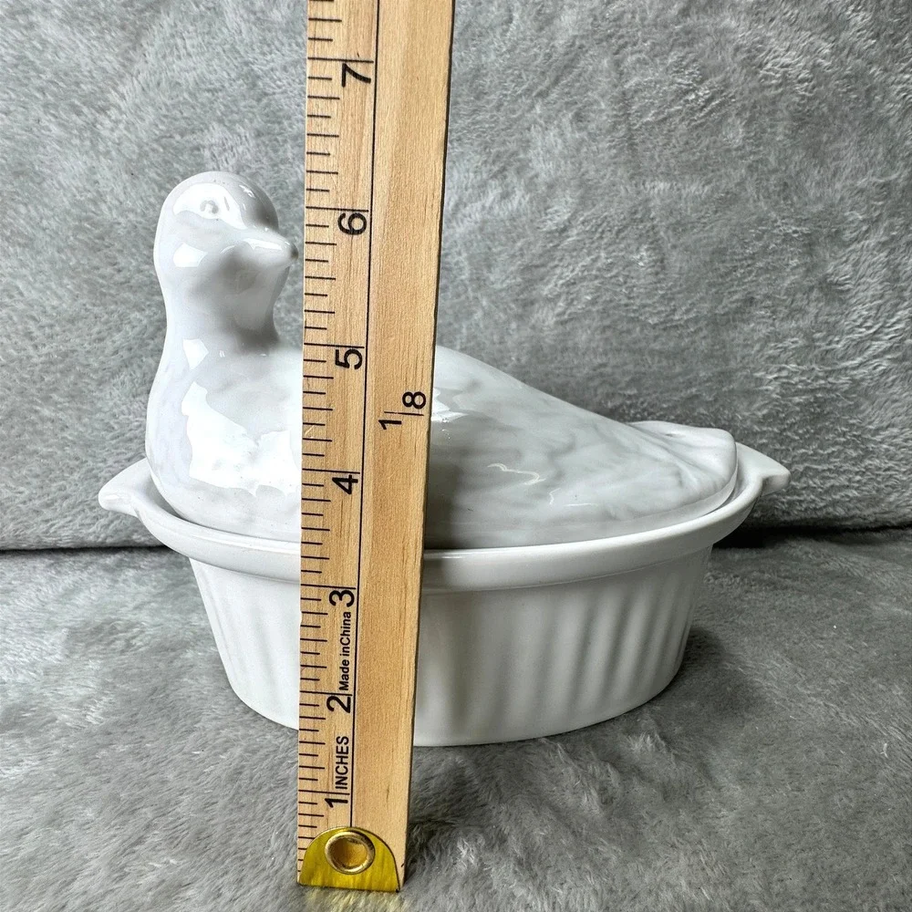 Pier 1 Imports Made in France Duck on a Nest Tureen Dish Ribbed White Ceramic